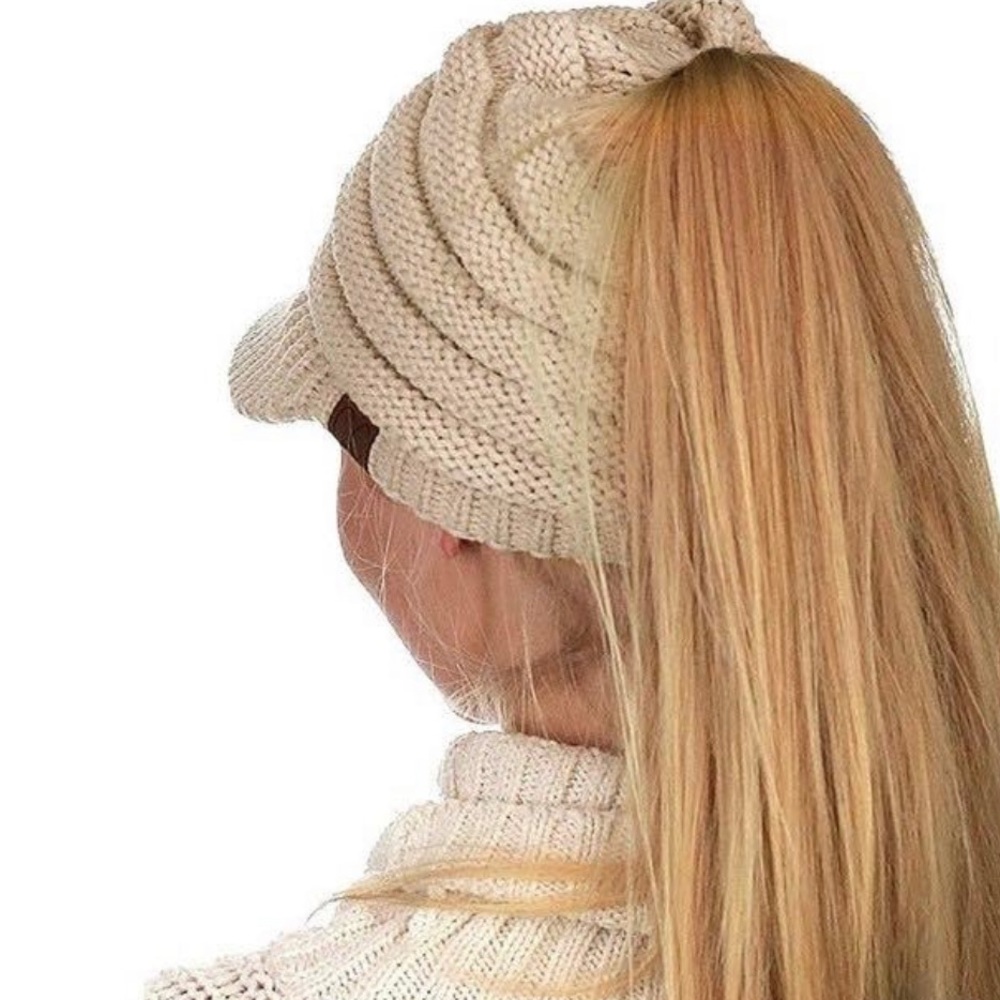 Beige Messy Pony Tail Beany Cap/Hat